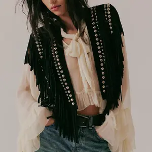 Women's Studded Suede Vest 70s Hippie Outfit Sleeveless Open Front Tassel Vest Collar Bohemian Festival & Concert Outerwear
