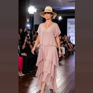 Ayana Elegant Runway Layered Dress, 1-Size Fits Small to Large, Featuring Staggered Lightweight Silk Tiers and Short Flutter Sleeves