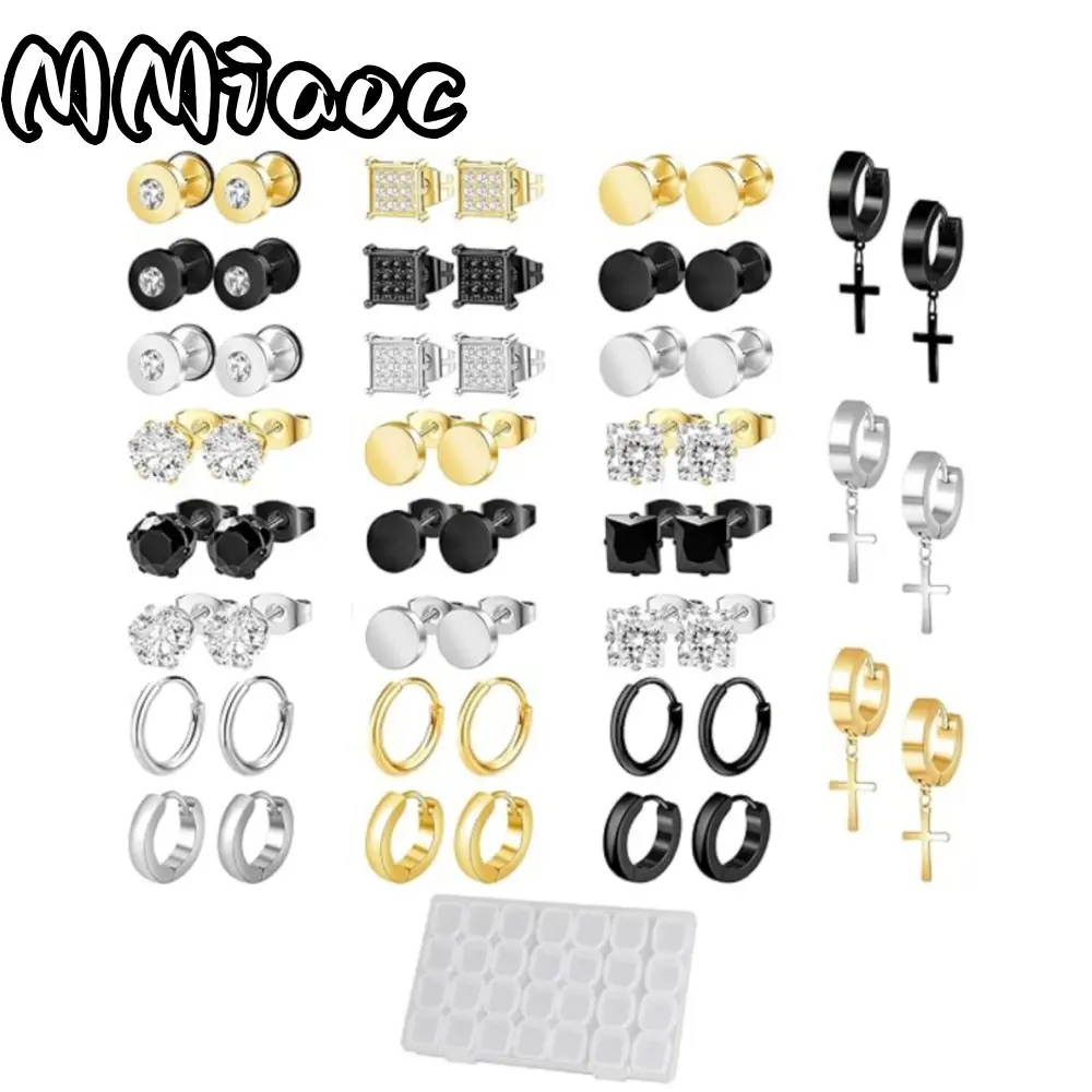 27Paris Unisex Hypoallergenic Stainless Steel Earrings Set - Pierced Piercing Kit with Square Synthetic Cubic Zirconia Studs, Cross Drops, Hoops, Clip-Ons for Daily Party Use, Retro Punk Style