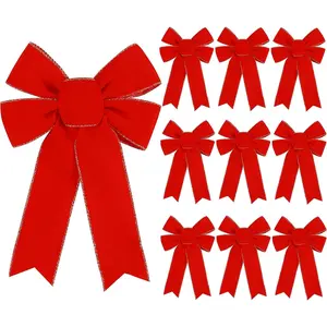 10 Pack Red Bows Christmas Tree Decorations,9"x13"Large Velvet Ornament Bow with Glitter Gold Edge for Xmas Home Wreath Fence Stairs Railing Fireplace Indoor Outdoor Front Door Decor