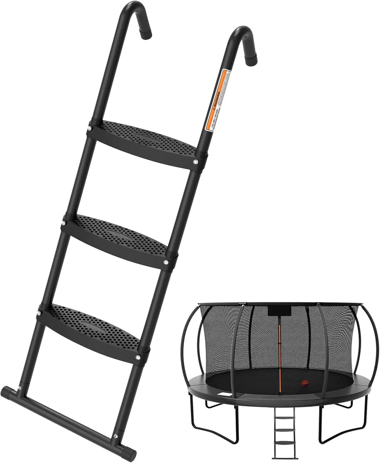3-Step Trampoline Ladder, 43" Trampoline Steps with 16" Wide Non-Slip Flat Treads, Universal Hook Trampoline Stairs Accessories for Kids & Adults, Fits 10 12 14 16 FT Frames, Black