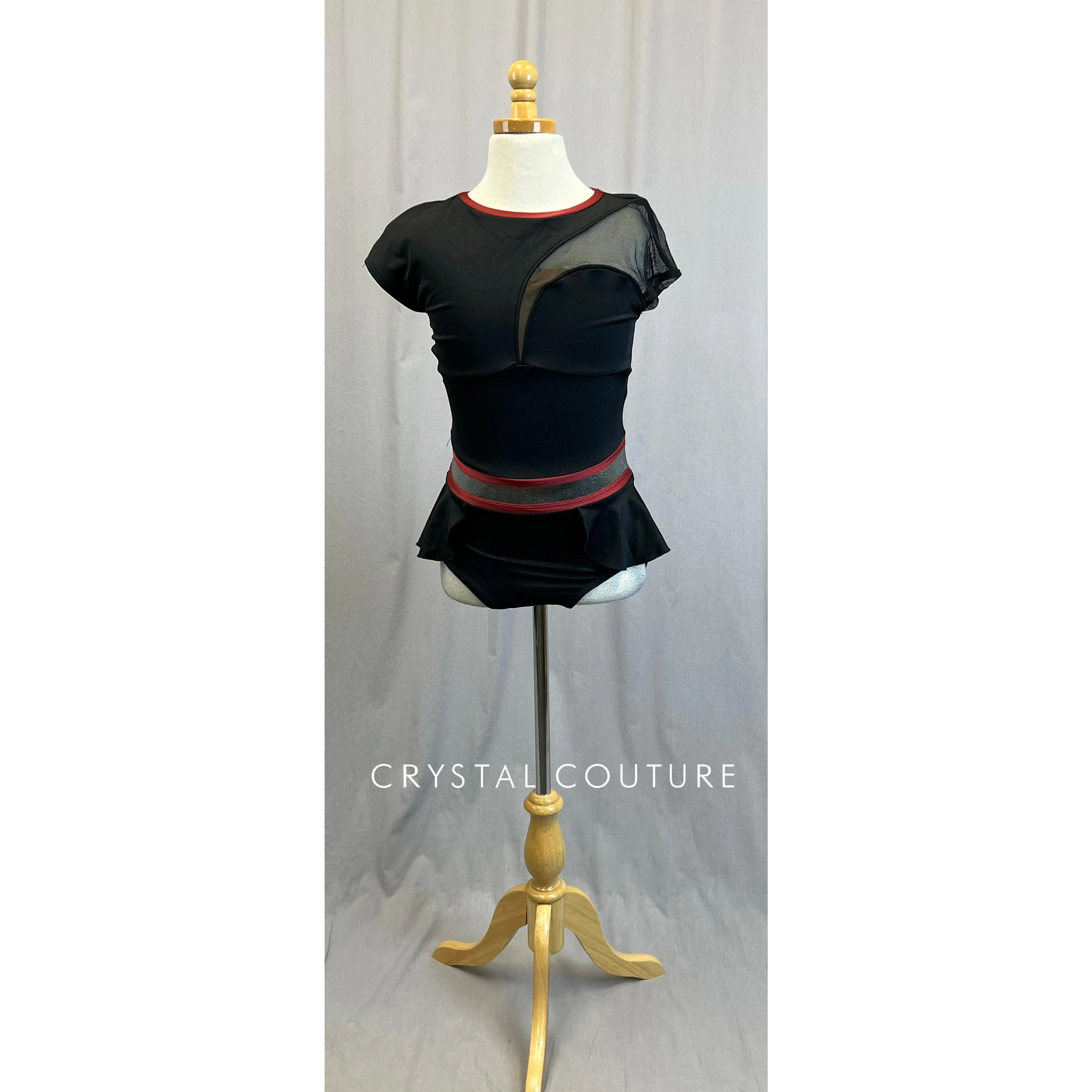 *Brand New*  Black Lycra Cap Sleeve Leotard with Burgundy and Silver Accents