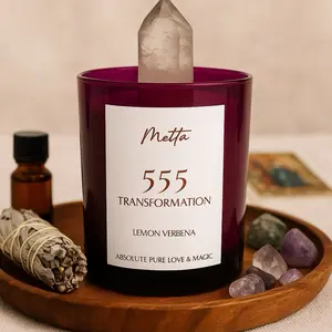 555 Angel Number Transformation Candle with Large Quartz Crystal scented in Lemon Verbena Decor