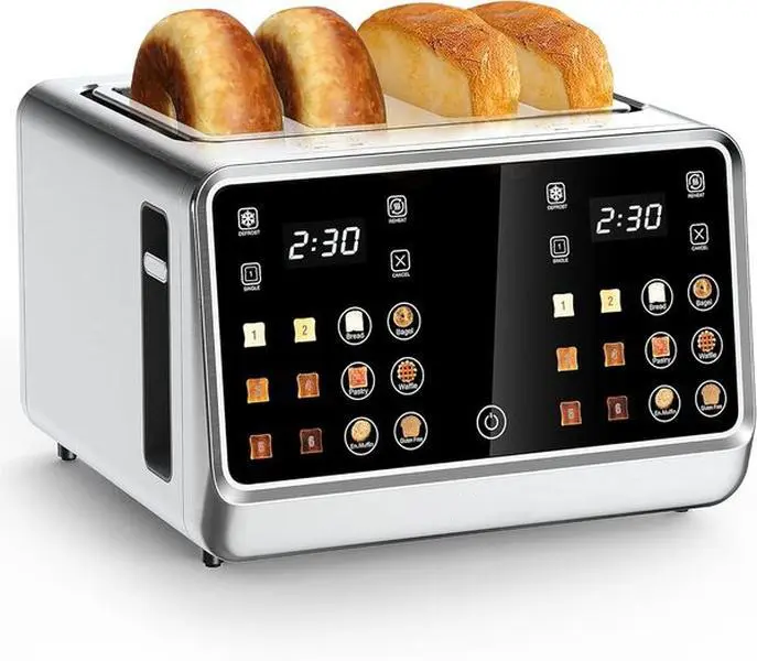 Dear Morning 4-Slice Digital Smart Stainless Steel Toaster - Touchscreen Dual Control Panel, Single Slot Timer, Reheat/Defrost Functions for Bagels, Bread, Durable Kitchen Essential Household Appliances