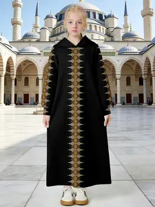 Girls' Hooded Abaya with Vertical Ethnic Stripe Print, Black Long Kaftan