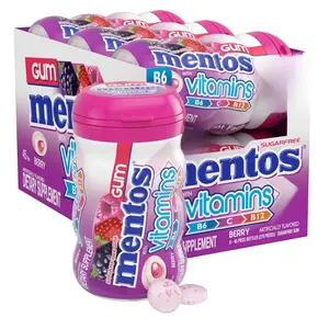 Mentos Vitamins Gum Berry Flavor Sugar-Free Chewing Gum with Vitamins & Xylitol Sweetener 45 Pieces Per Bottle 6 Bottles Total Snack