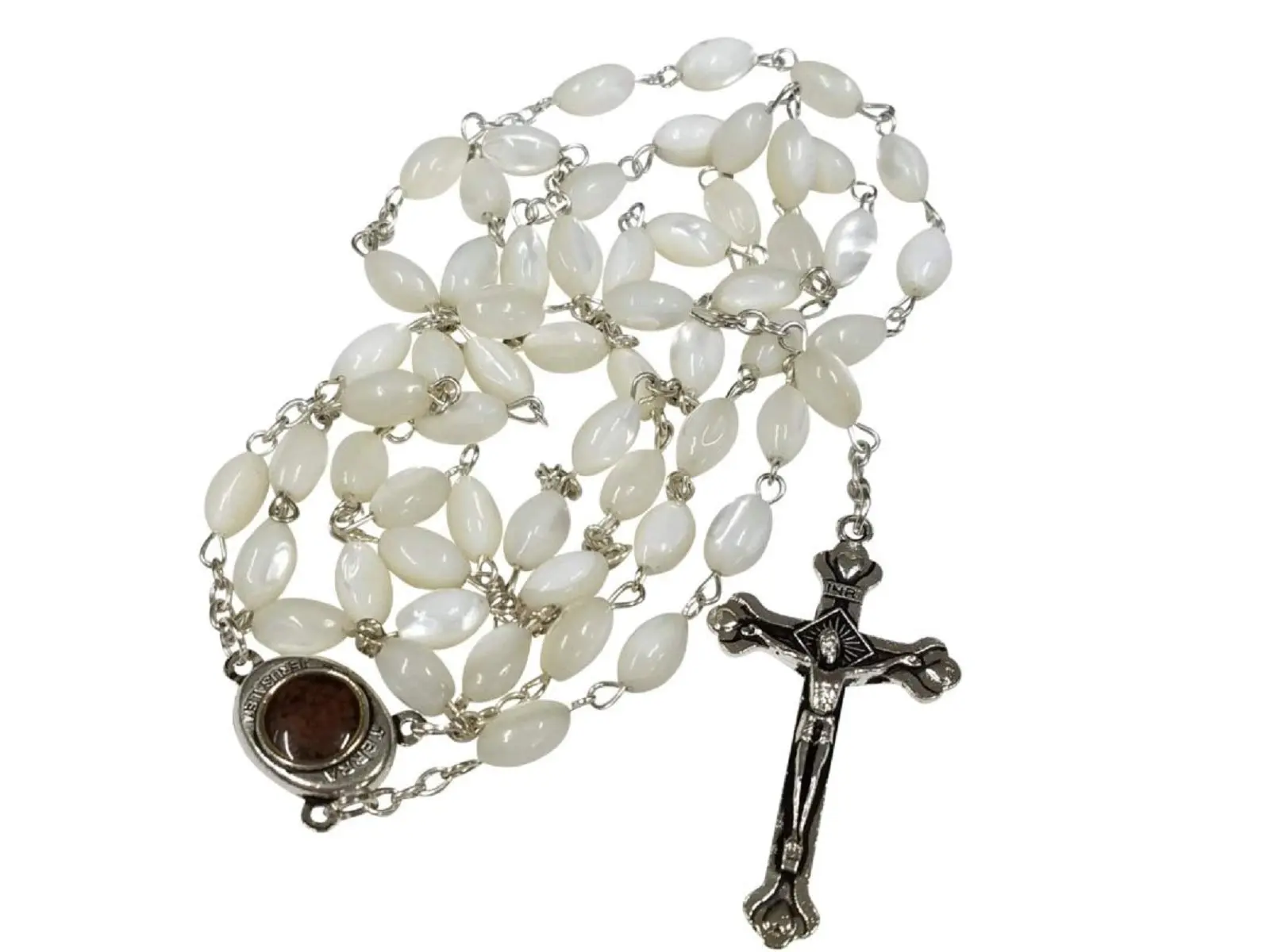 Bethlehem Gifts TM Mother of Pearl Beads Rosary Cross with Mary Medal and Holy Soil from Holy Land
