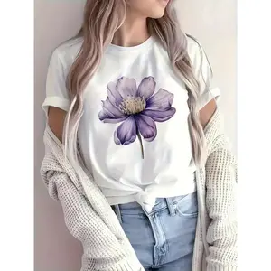 Women'S White T-Shirt with Purple Floral Chest Print - Short Sleeve Round Neck Casual Top, Medium-Stretch All-Season Blush Pink-Lavender Flower Design, No Bulk Minimalist Shirt for Jeans & Dresses, Machine-Washable Everyday Versatile Layering Piece