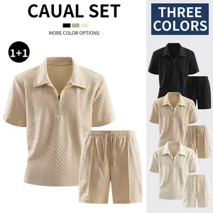 Men's 2-piece set, upper body short-sleeved lapel T-shirt, lower body drawstring shorts, jacquard fabric, clean, comfortable and breathable, Valentine's Day gift.