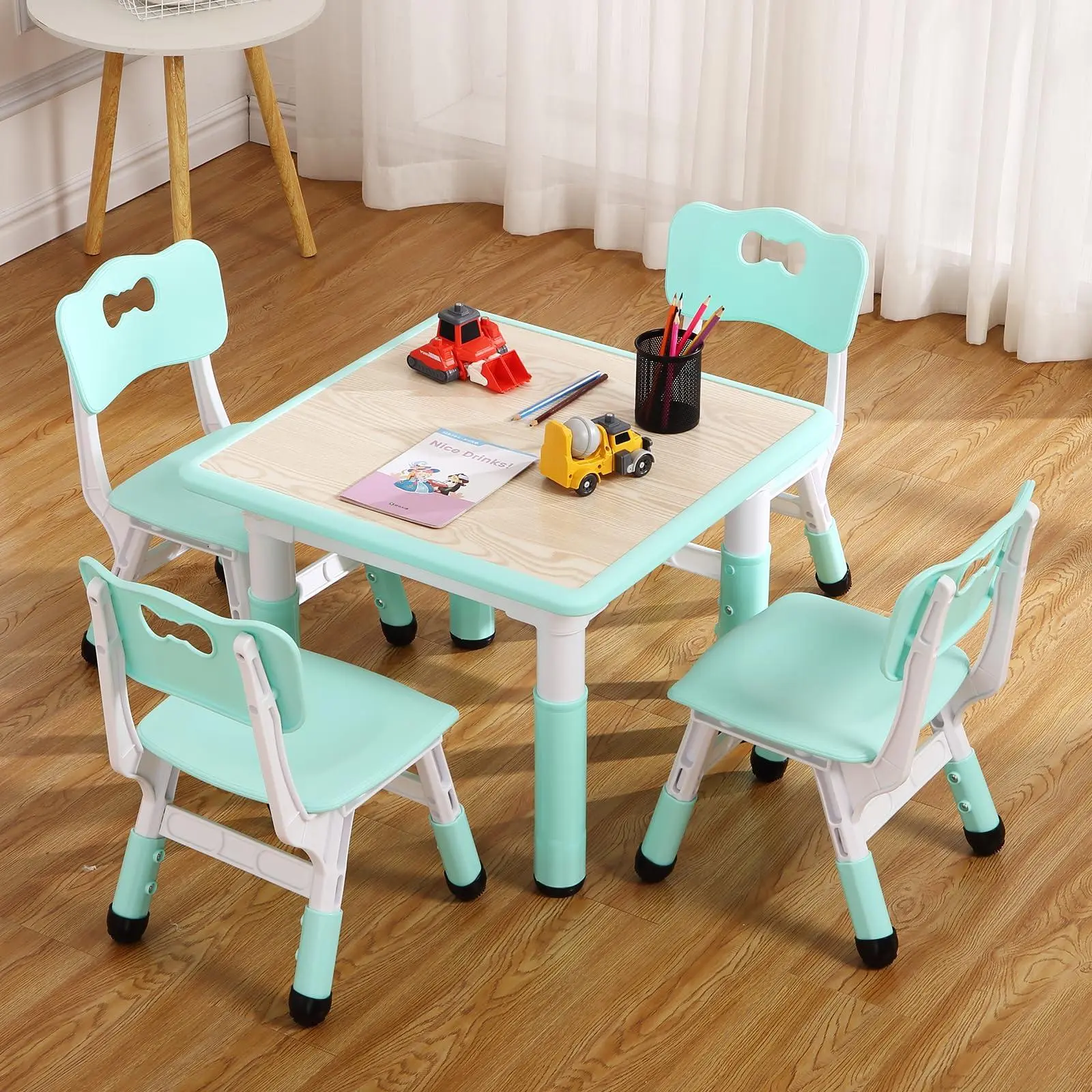 Teal Kids Adjustable Square Desk and 4-Seat Set, 23in Toddler Activity Table with Non-Slip Legs, Graffiti Top, Easy Assembly for Home, School, Adjustable Desk