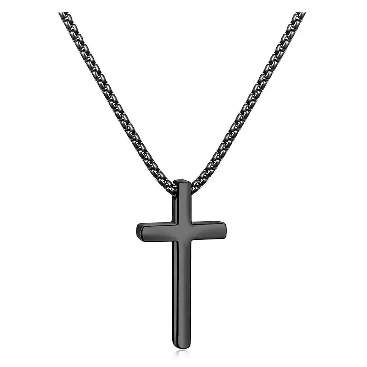 Cross Necklace for Men Teen Boys, Silver Black Gold Stainless Steel Plain Cross Pendant Necklace Box Chain