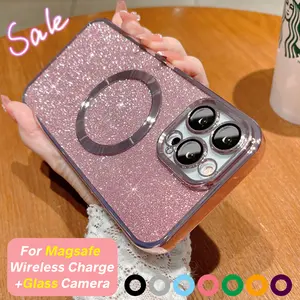 MagSafe Silicone Protective Casing for iPhone 16 Pro Max, 15, 14, 13 - Magnetic Charging Compatible, Dustproof Bling Glitter Case with Plating Bumper and Camera Lens Cover, Mobile Phone Accessories