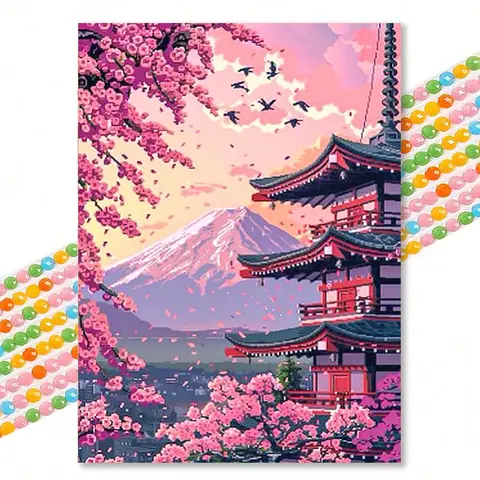 Fuji Mountain Sakura Garden Diamond Painting Kits, Japanese Aesthetic Round Drill Art, Living Room Bedroom Wall Decor Hanging Canvas Crafts DIY Kits