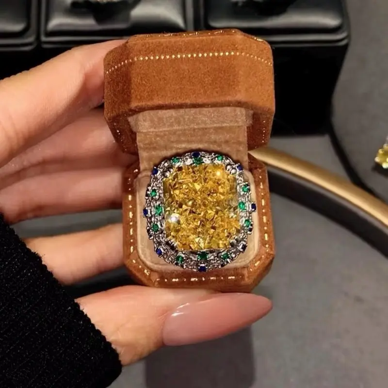 15ct Yellow High Carbon Diamond Ring Radiant Cushion Fancy Cut | Luxury Halo Cocktail Ring with Green Blue Accent Stones | Big Bold Statement Jewelry