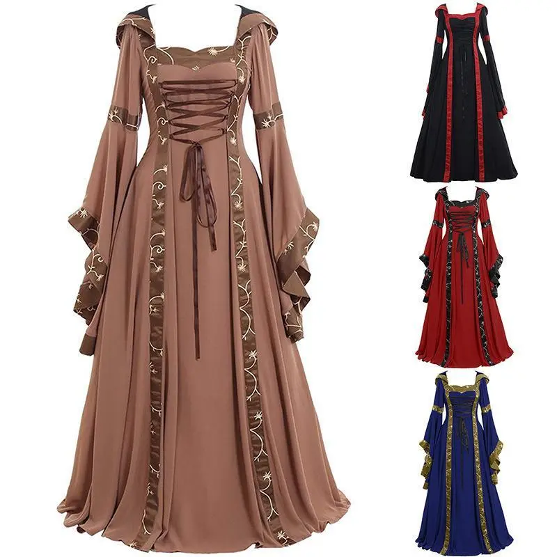 European and American Medieval Retro Hooded Square Neck Solid Color Thin Strap Lace Trim Flared Sleeve Large Swing Dress