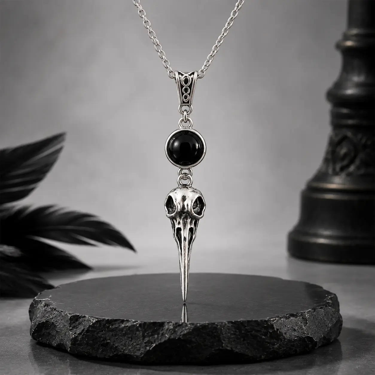 Vintage Silver Gothic Raven Black Onyx Skull Necklace, Unisex Punk Dark Fantasy Skull Chain Jewelry, Lightweight & Comfortable for All‑Day Wear