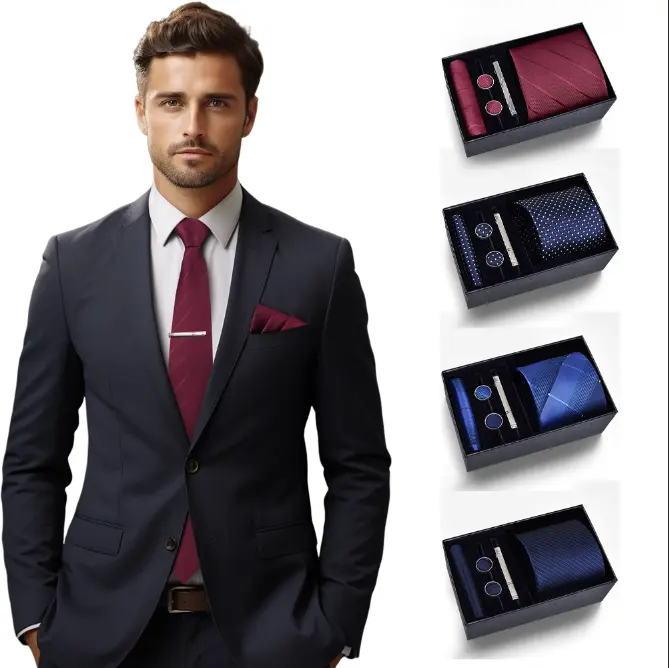 Men’s Tie Set with Pocket Square, Cufflinks & Tie Clip, 4 Styles Silk Necktie Gift Box for Business, Wedding & Formal Events, Father's Day Gift