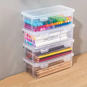 4pcs Large Clear PP Storage Boxes with Lids, Lightweight, Unfinished Finish, for Office and School Supplies Organizer, with Pens, Pencils, Markers, Crafts, Office Accessories