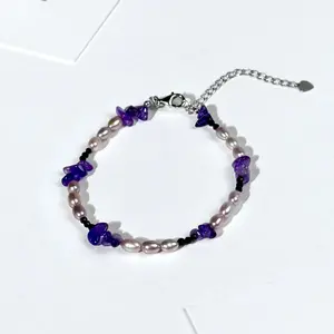 PEARLISM Freshwater white pearl bracelet,with purple crystal.Handmade jewelry gift for women.Classic Elegant bracelet. Bracelet jewelry.(3-4mm)-JFDB001