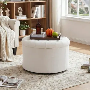 ONBRILL 25" Round Ottoman with Hidden Storage, Ottoman Foot Rest & Storage Stool for Blanket, Chenille Fabric Foot Rest for Couch, Bedroom, Living Room, Corner, or Apartment, Accent Home Decor, Beige