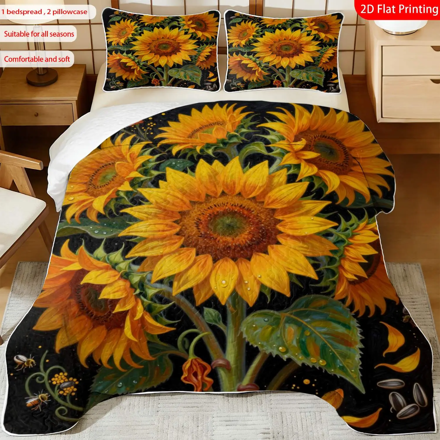 3pcs, 2D flat print Sunflower Oil Painting Style Bedspread Set, Vibrant Floral Theme, multiple sizes available, bedding set, festive decorative bedding, ideal for bedroom décor(1 bedspread , 2 pillowcase)