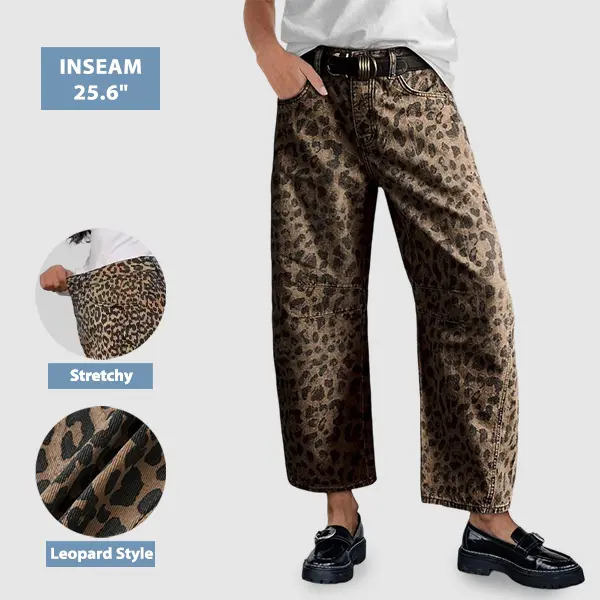Flamingals Leopard Stitch Detail Mid Rise Barrel Leg Crop Pants