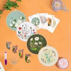 Embroidery Starters Kit with Pattern for Beginners,Including 4 Pack Cross Stitch Kits,2 Wooden Embroidery Hoops,Scissors,Needles and Color Threads,Needlepoint Kit for Adults