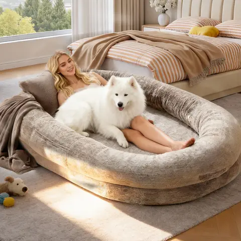 Orthopedic Shaped Dog Bed - 68''x35''x14'' Contemporary All-Seasons Faux Fur Lounger, Detachable Pillow+Blanket Set, Durable Washable Easy-Care Indoor Sofa, Alleviates Pressure Points for Dogs Over 80lbs, Deep Sleep Support,familyfun
