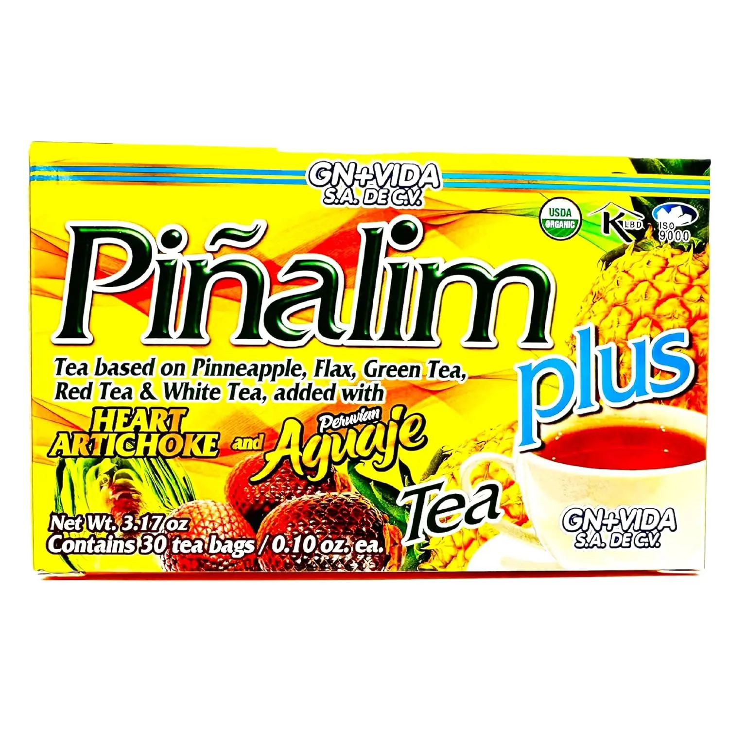 Pinalim Plus Tea Enhanced with Aguaje Peruano and Artichoke Heart la formula Original de Pinalim Mas Aguaje y Corazon de Alcachofa Mas Fuerte Healthy Cleansing Formula, Caffeine Free | 30 Ct.