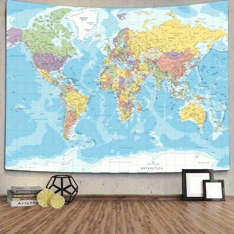 Custom Aesthetic Synthetic World Map Wall Tapestry - 1pc, Educational with Countries & Major Cities, Durable Peach Beige Fabric, Multiple Sizes, Easy-Install Hooks, Smooth Texture, Indoor Home Decor for Schools & Youngsters' Rooms