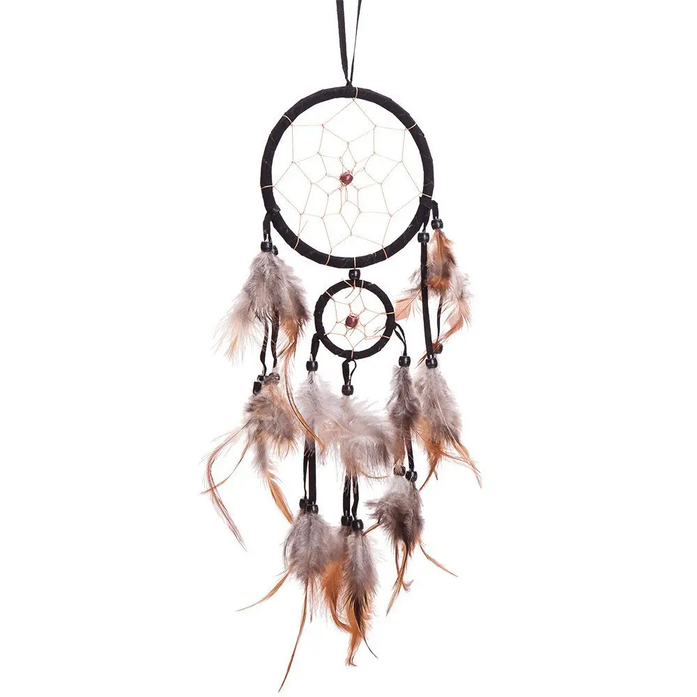 Thy Home 18-in Traditional Fabric Dream Catcher - 2-Circle Hangable Room Decor, Feathered Home Supplies, Living Room Decorations, Sleep Aid, Car Accessory, Ideal Gift