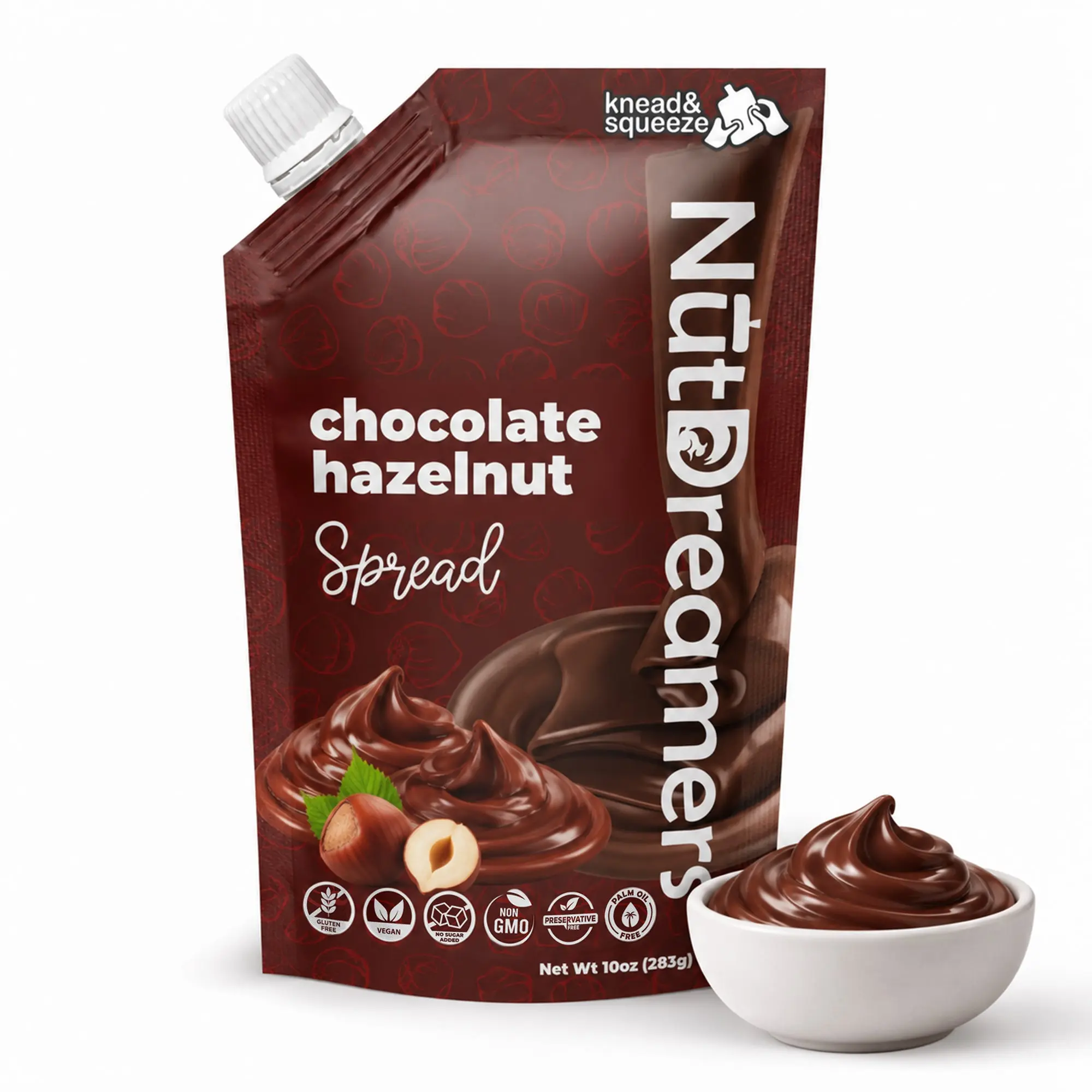 Vegan Chocolate Hazelnut Spread - 10 oz GMO-Free Gluten-Free Clean Nut Butter with Rich Cocoa, Vanilla Bean, Avocado Oil, Sunflower Lecithin, Erythritol, Squeezable Pouch, 12-Month Shelf Life, Healthier Nutella Alternative (Contains Hazelnuts)