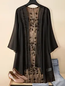 Elegant Plus Size Women's Casual Lace Patchwork Long Cardigan Blouse, Loose-Fitting Spring & Fall Shirt, Plaid Pattern Lady Womenswear Clothes