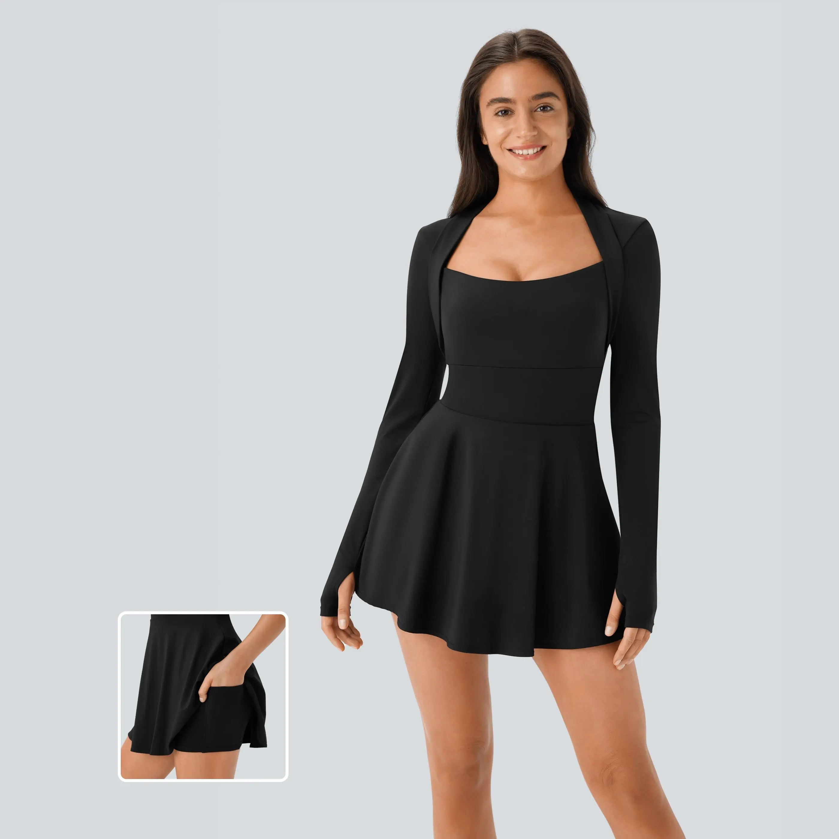 Halara Softlyzero Airy Long Sleeve Thumb Hole 2-in-1 Side Pocket Flare InstantCool Micro Mini Pickleball Dress #BackToSchool
