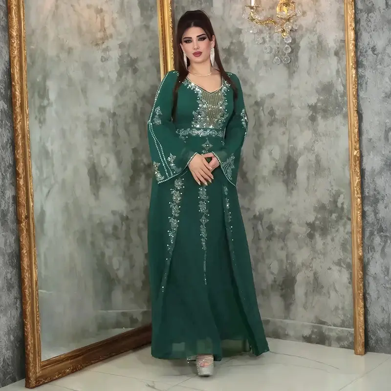 Women's Islamic Modesty Polyester Sequined Kaftan Dress - 2026 Dubai Luxury Moroccan Arabic Traditional Long Sleeve Robe, Ethnic Formal Dresses for Evening Parties, All-Season Elegant Chic Muslim Clothes