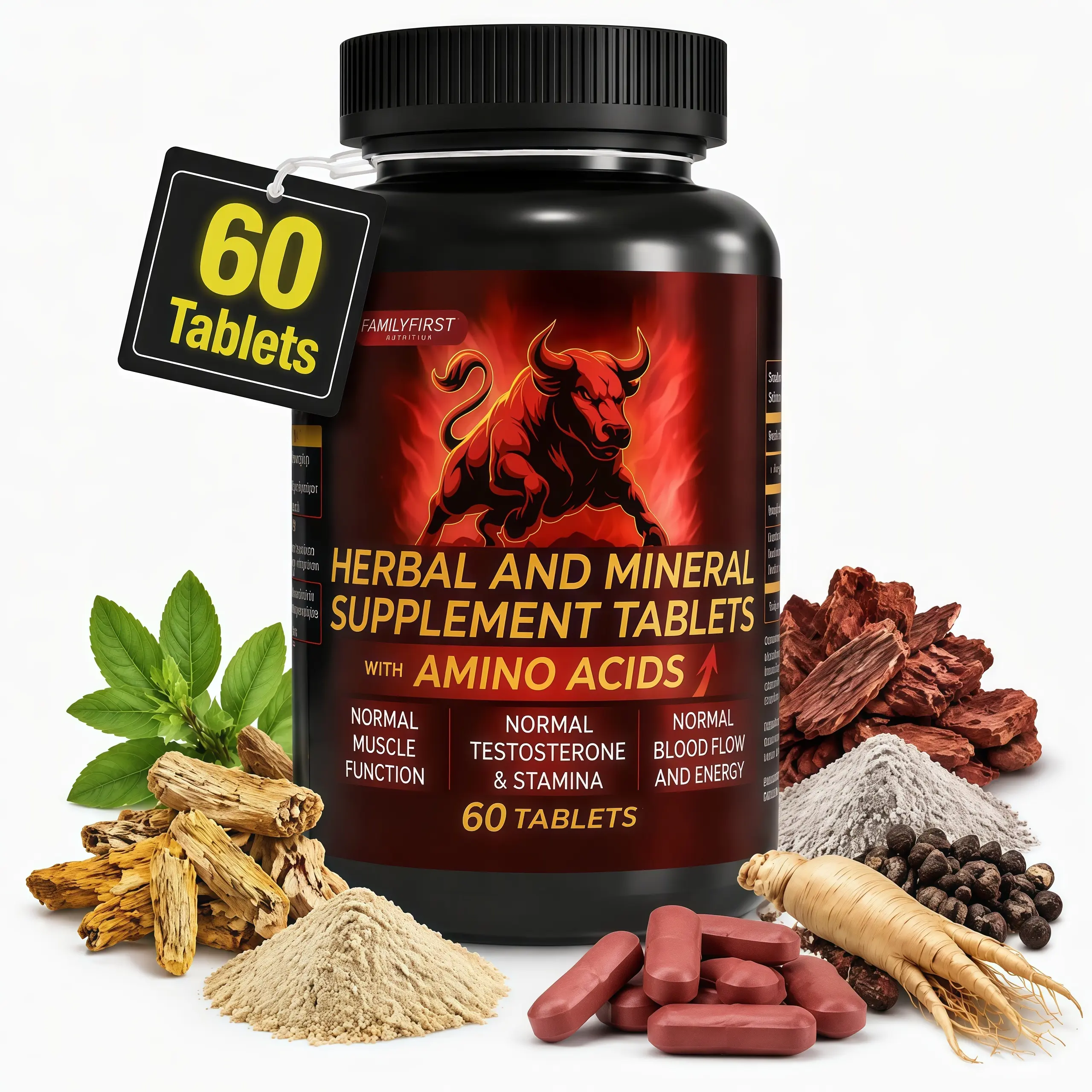 Multi-Ingredient Herbal Aminos Supplement for Adults, 60 Tablets with 7 Professional Functional Ingredients, Energy Boost, L-Arginine, L-Citrulline, American Ginseng Extract, Black Pepper, Workout Recovery Dietary Support, Amino Acids (L-Arginine, L-Citru