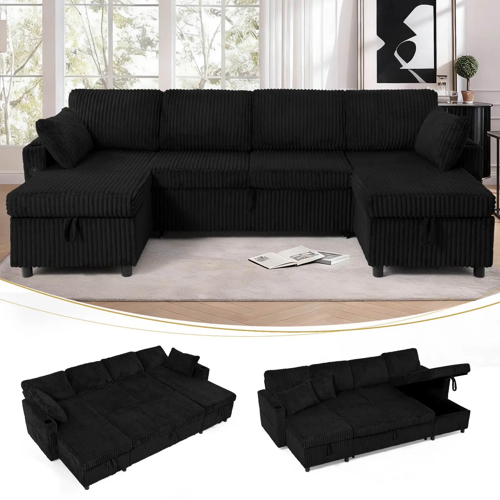 ACMEASE 110" Corduroy Reversible Sectional Sofa With Adjustable Backrests & Pull-Out Sofa Bed,  Modern U Shaped Couch w/Storage Space & Cup Holders, Comfortable Corner Sofa w/USB Charging Port & Throw Pillow for Living Room