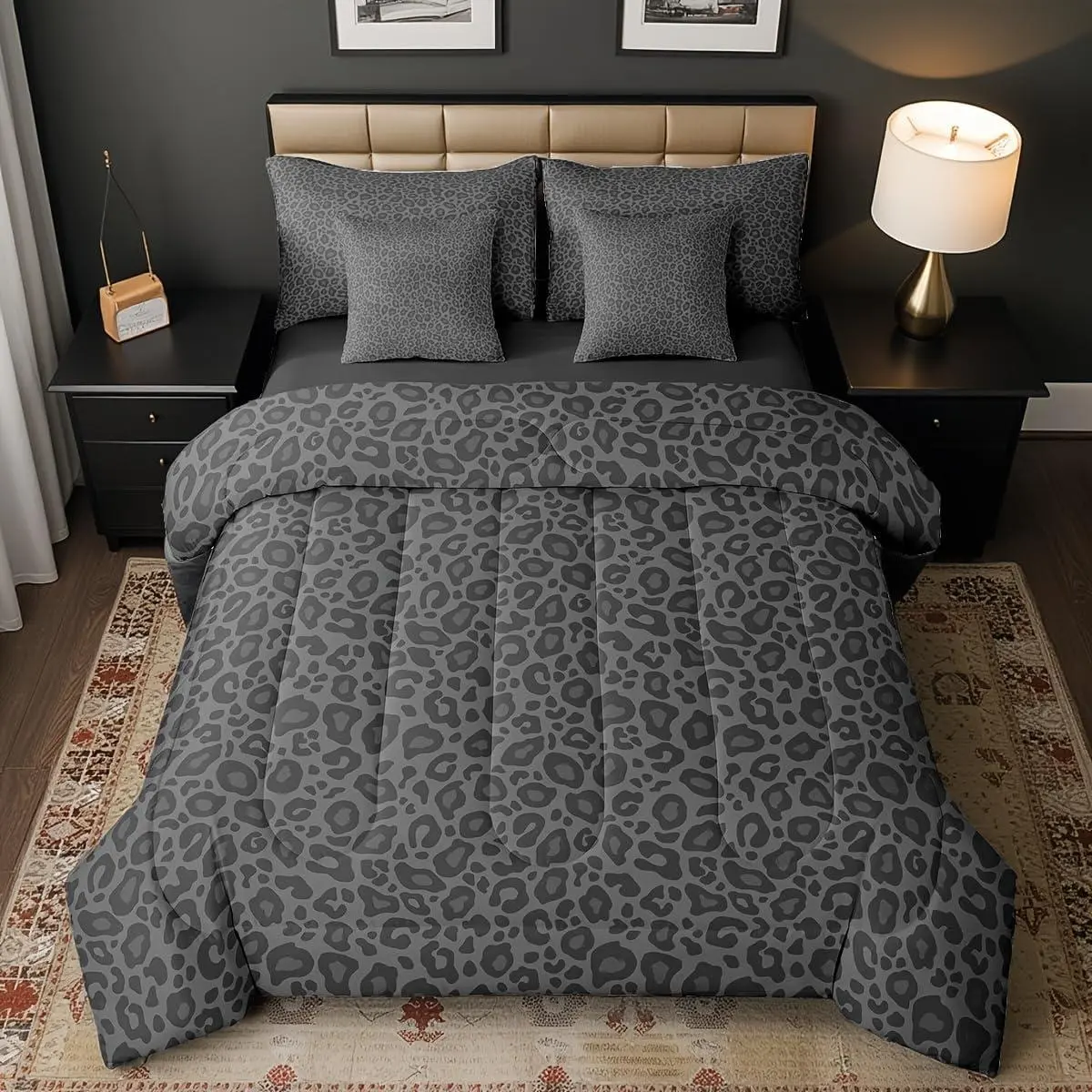 Queen Size 7-Piece Leopard Print Bedding Set - Gray African Cheetah Wild Animal Skin, All-Season, Breathable, Fade-Resistant Mellow Bed Comforter Collection, Bedding Sets