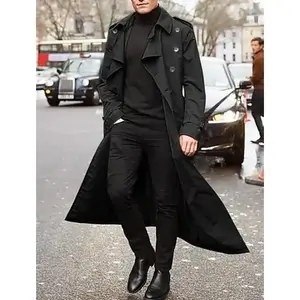 2025 Men's Mid-Length Trench Coat Men's Long Coat Menswear Jackets Black Casual
