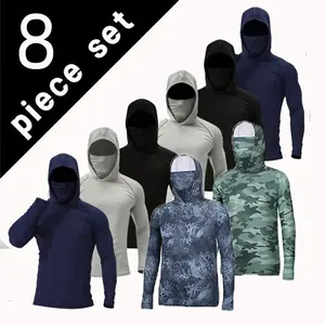 Men's 8-Piece UPF 50+ Hooded Sun Protection Shirt with Integrated Mask, Quick-Dry Athletic Fit Shirts, Gym Athletic Clothes, Fishing Activewear Top