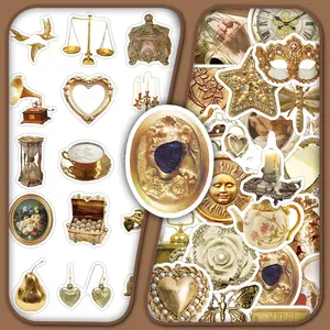 Vintage Gold Themed Sticker, 100pcs/set Retro Gold Stickers, DIY Decorative Sticker for Scrapbooking & Journal Making Art Stickers