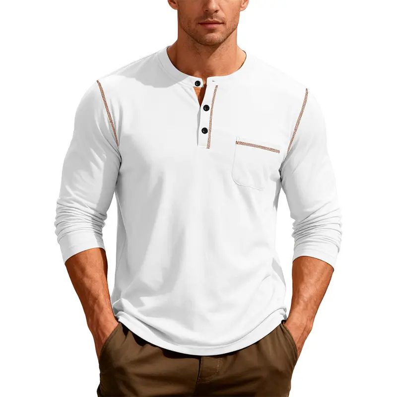 Men's Long-Sleeve Crewneck Pullover T-Shirt - Casual Style with Half-Button Placket