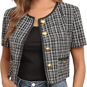 M.Infisavo 2026 Women's Cropped Tweed Blazer Short Sleeve Elegant Round Neck Open Front Cardigan Business Casual Jacket with Gold Buttons Everyday Elegance