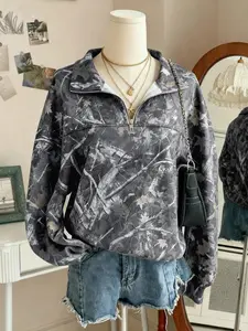 Women's Street Vintage Tree Print Camo Camouflage Full Print Half Zip Long Sleeve Hoodie Sweatshirts, Loose Shoulder Design, Fall Winter Casual Wear Lady Womenswear