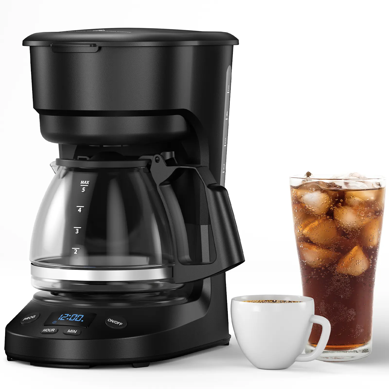 COWSAR 5-Cup Programmable Coffee Maker, Drip-Free Design, Reusable Coffee Filter, Detachable Funnel, Water Tank(25.36oz), Warming Plate, Black