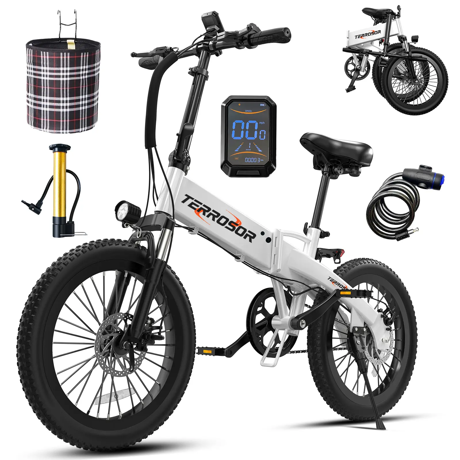 Terrossor 20" Foldable Electric Bike for Adults, Fat Tire Folding Ebike with Aluminum Alloy Frame, 720W Peak Motor, 25MPH, 375Wh Removable Battery, 5-Level Pedal Assist,Men's and Women's Adult E-bike， Commuter Electric Bicycle