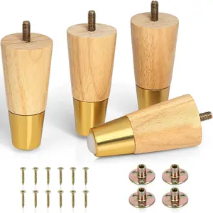 Log color Wood Furniture Hardware Legs 4 packs, Wooden Sofa Leg with Gold Caps, Mid-Century Modern Replacement Feet for Couch Dresser Cabinet Coffee Table TV Stand Armchair Ottoman etc