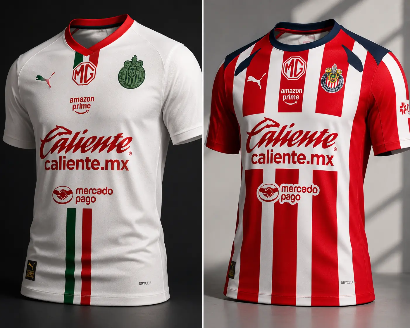 FULL LOGO Chivas Guadalajara 25/26 Home and Away Jersey, Liga MX Red White Navy Tricolor Football Shirt, Unisex Short Sleeve Soccer Fan Top and Stadium Outfit