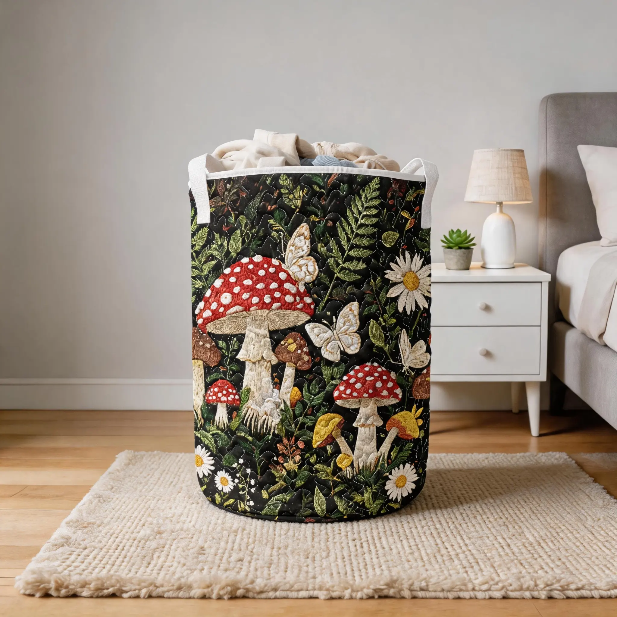 Mushroom Butterfly Quilted Laundry Hamper, Vintage Wildflower Daisy Storage Organizer Bin, Large Capcity Basket For Mom Gift Bedroom Bathroom Dorm Cottagecore Home Decor laundy car