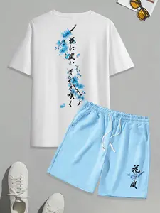 Men's 2-Piece Set, Text and Floral Graphic Print Round Neck T-Shirt + Outdoor Sports Drawstring Shorts, Summer Casual Wear